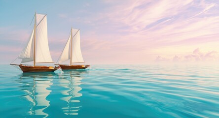 Fototapeta premium Twin sailing vessels on smooth sea water under pastel sky with copy space
