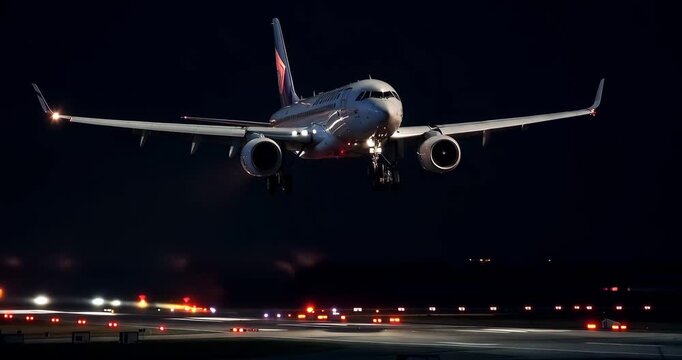 Airplane landing on runway at night with bright lights
