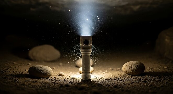 Bright flashlight beam illuminates dark cave floor with rocks.