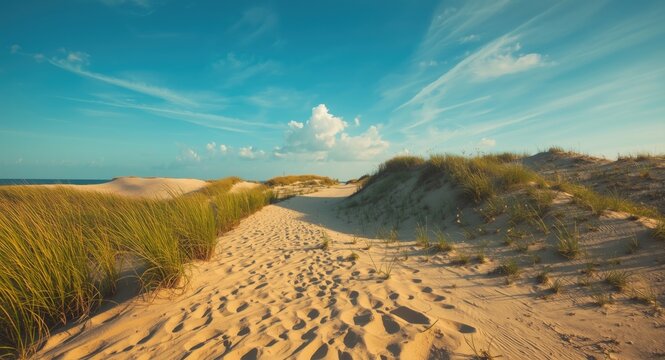 Sandy trail winding through coastal sand dunes on a bright summer day
