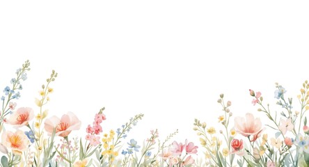 Watercolor floral border with charming summer meadow flowers on white background for card design