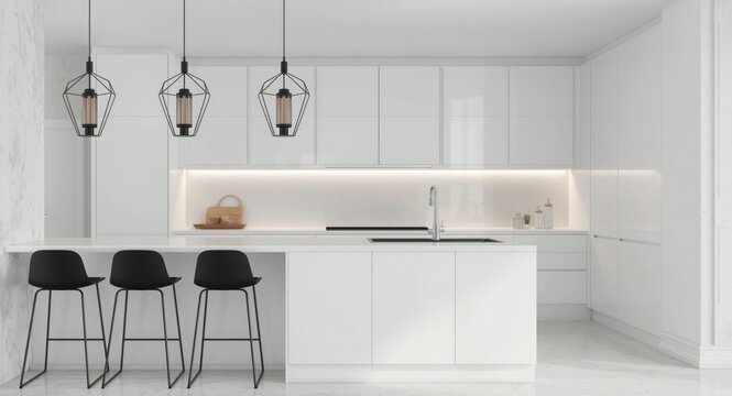 Sleek all white kitchen with black hanging light fixtures and black stools for casual dining