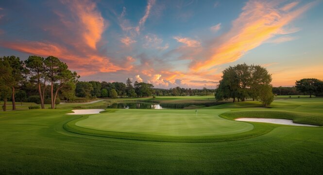Sunset view over a manicured golf course with sand traps and lush trees under vibrant clouds copy space
