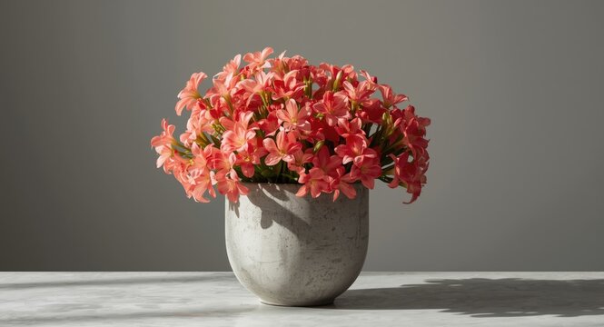 Dynamic blossoms artistically set in a plain concrete plant pot
