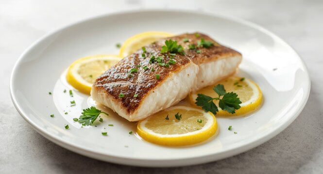 Succulent sea bass fillet paired with lemon slices and bright parsley over a white ceramic plate