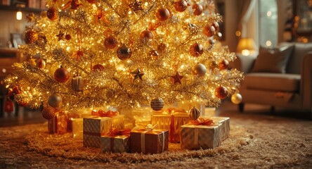 Fototapeta premium Radiant golden Christmas tree featuring glossy decorations and a carefully wrapped gift in a cozy room