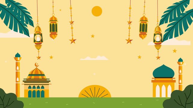 Colorful flat style Ramadan illustration showing mosque architecture, hanging lantern ornaments, stars, and sunset landscape. Ideal for Ramadan and Eid promotional designs and digital templates.