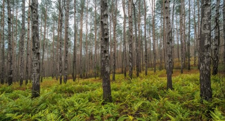 Obraz premium Scenic woodland panorama emphasizing upright skinny trees bearing unique bark and a carpet of verdant ferns and bracken