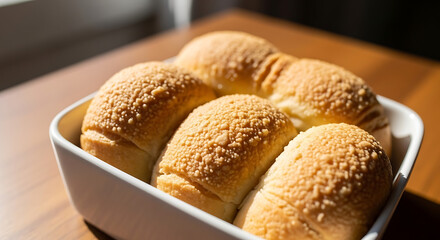 Freshly baked bread in a white baking dish