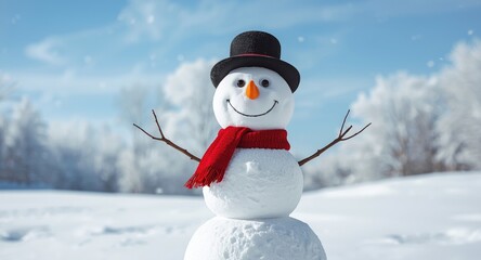 Obraz premium Cheerful snowman standing in snowy winter landscape