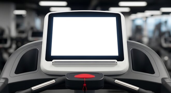 Close-up of a modern treadmill console with a blank white screen in a gym.