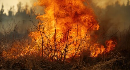 Fototapeta premium A powerful fire rages through brittle branches and thirsty grass in a summer blaze