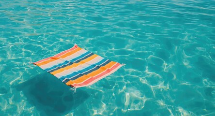 Striped beach towel drifting on crystal clear water surface evoking a calm summer feeling for vacation and leisure themes