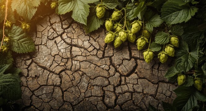 Rustic cracked wood surface with fresh hops and decorative green leaf frame in vintage tones