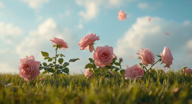 Playful Polyantha pet roses chasing on vibrant green lawn full length view summer morning with copy space