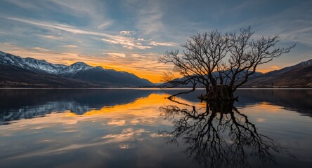 Calm water reflecting snowcapped mountains and a solitary tree under a vibrant orange sunrise with drifting clouds