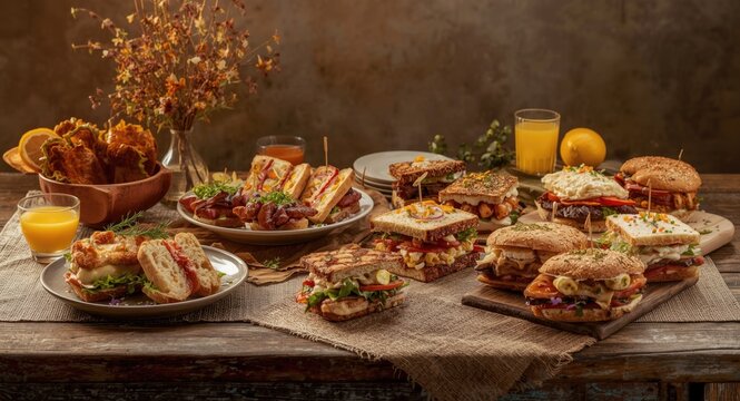 Selection of diverse sandwiches served on a rustic wooden table for brunch parties