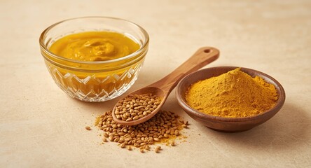 Set of mustard sauce, ground mustard seed powder, and spoon filled with whole mustard grains