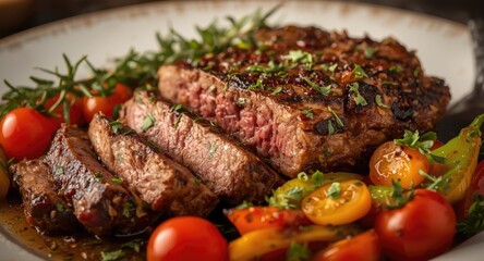 Juicy grilled steak plated with fresh herbs and vibrant vegetables