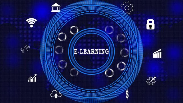 e-learning acronym in center of hexagonal diagram with business icons and dot, acronym, business, technology, diagram, hexagonal, icons, abstract circles and gears backgrounds 4K LOO