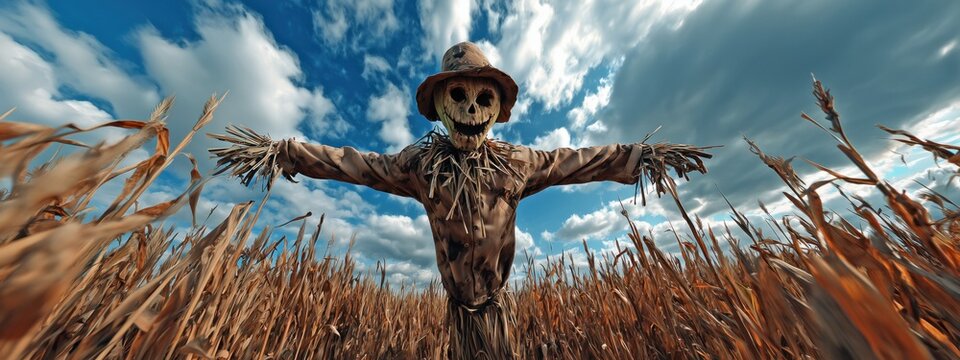 Un &eacute;pouvantail effrayant dans un champ de bl&eacute; d'automne, dans le style d'un film d'horreur, grand angle, &eacute;clairage cin&eacute;matographique, vue panoramique, ciel bleu avec nuages gris en arri&egrave;re-plan.