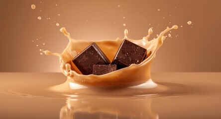 Chocolate cubes colliding with creamy milk splash in a rich dessert concept