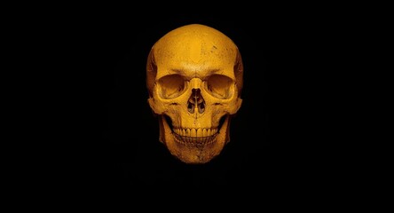 Obraz premium Vibrantly Lit Yellow Halloween Skull Centered on a Deep Black Background for Spooky Seasonal Decoration