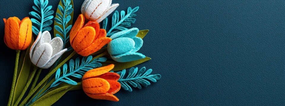 Un bouquet de tulipes en feutrine blanche, orange et cyan sur fond textur&eacute; bleu fonc&eacute;, vue panoramique en gros plan, image avec espace pour texte.