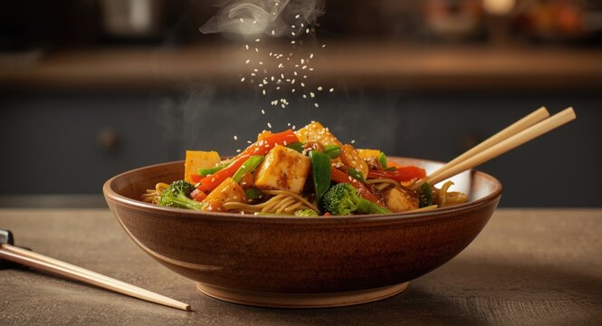 Wide rice noodles stir fried with tofu and vegetables