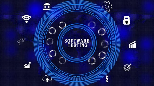 software testing acronym in center of hexagonal diagram with business icons and dot  acronym, business, technology, diagram, hexagonal, icons, abstract circles and gears backgrounds 