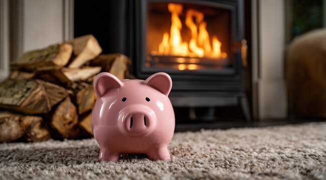 Un cochon tirelire rose pos&eacute; sur le tapis pr&egrave;s d'un po&ecirc;le &agrave; bois avec feu et flammes, concept d'&eacute;conomie pour le chauffage du domicile, l'hiver.