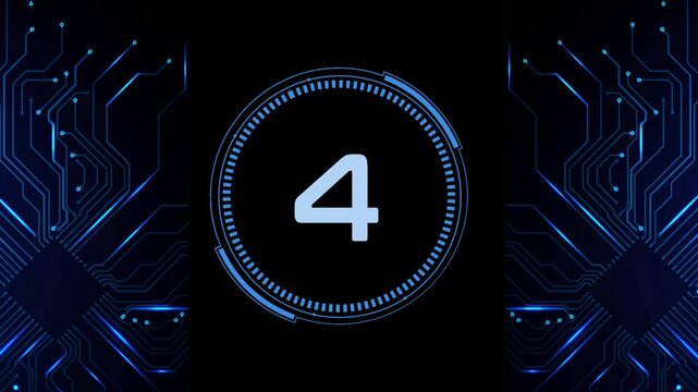 Futuristic blue circuit board with glowing neon lights and large number 5
