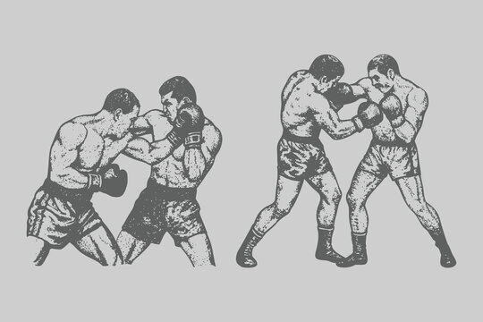 Boxing exercises and positions of fighting 2 man in Vintage engraving style. Retro Boxing club for creative design. Eps 10