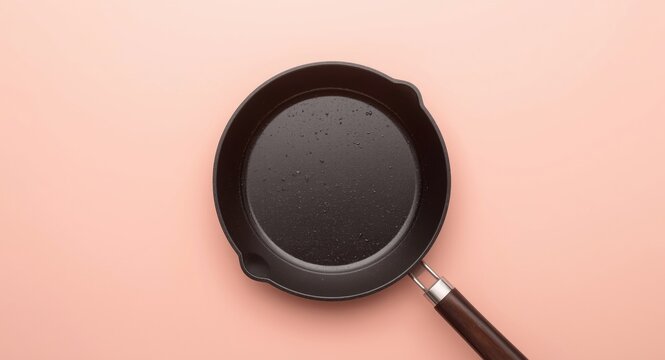Top down look at a single frying pan on a gentle pastel background containing copy space