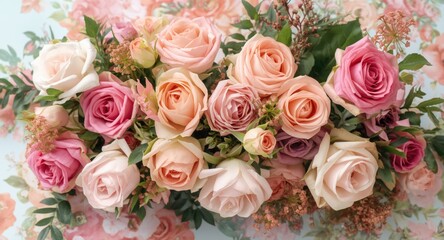 Summer roses flourishing on a pastel floral background with soft festive bouquet