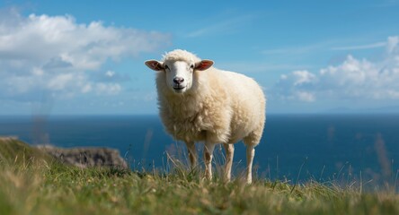Fototapeta premium Happy pet sheep grazing on a lush green grass cliff under a clear blue sea sky