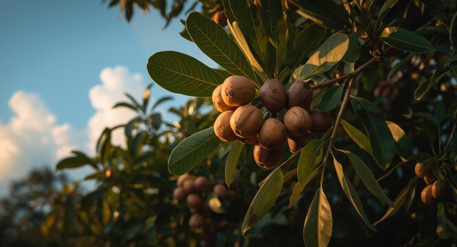 Macadamia nuts appearing on a lush tree in warm ambient light