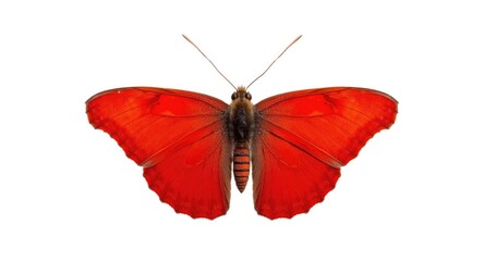 A vibrant red butterfly perched against a clean white backdrop creating sharp contrast
