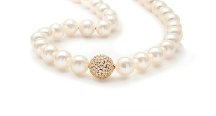 Refined South Sea pearl strand with yellow gold ball clasp adorned with diamonds on white backdrop