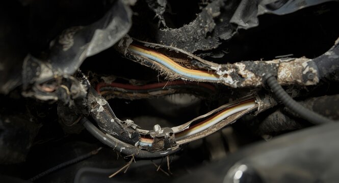 Magnified image of car wiring harness damaged by rodent activity