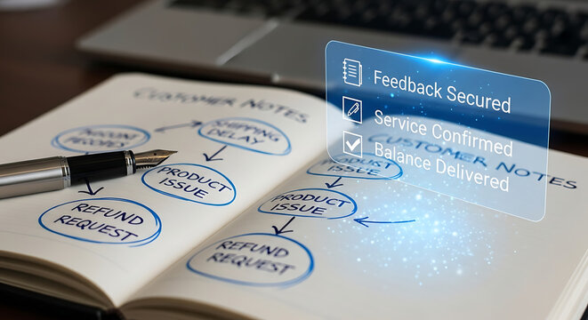 Refund process flowchart on notebook with laptop and pen illustrating customer service and feedback secured