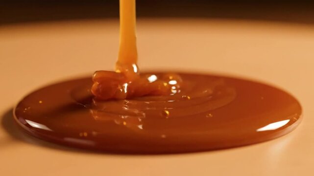 Delicious golden caramel sauce pouring and forming a pool on a smooth surface for culinary creations