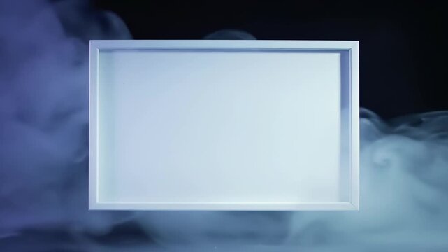 A blank white frame floating in a misty, dark environment with blue lighting, evoking a mysterious and modern mood, perfect for creative or marketing 