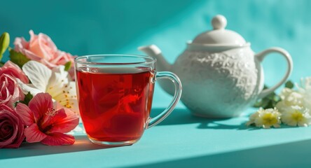 Fototapeta premium Delightful hibiscus tea in a transparent cup paired with a teapot and fresh flowers on vivid background