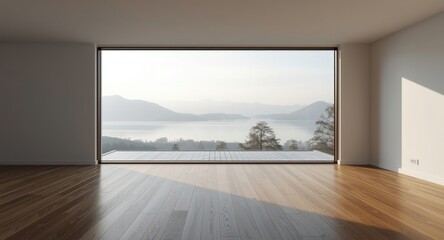 Obraz premium Minimalist modern room with wood flooring and serene lake panorama