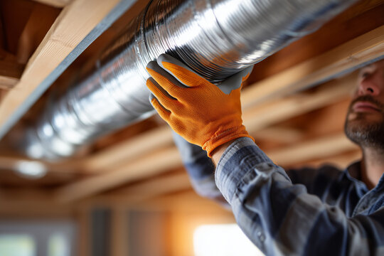 Close-up professional photo of hands wearing protective gloves installing a modern ventilation duct system inside a clean residential ceiling frame, no face visible. Contemporary i