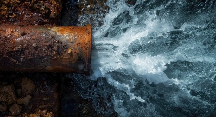 Fototapeta premium Rusty pipe leaking water with strong pressure causing damage