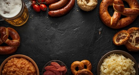 Naklejka premium Top perspective of hearty German food including sausage pretzels sauerkraut and beer on black stone background with copy space