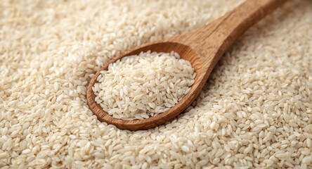 Close up of organic white rice grains with wooden spoon on raw rice texture background