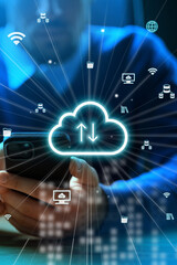 Cloud storage concept shows data transfer from mobile device to online storage service